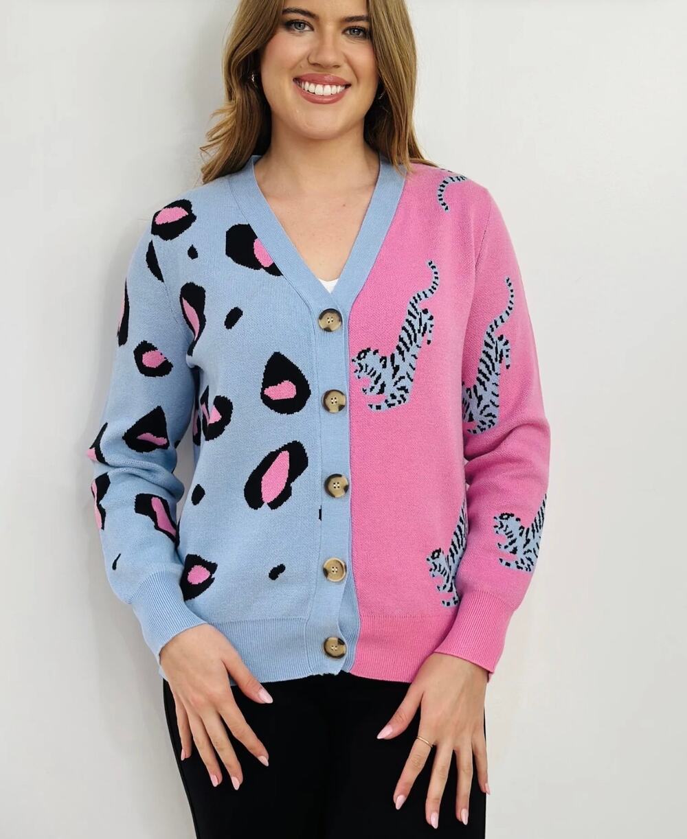 Leopard Print Blue Pink Colorblock Tiger Cardigan-Size L